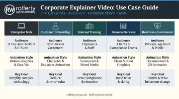 corporate animated video use cases comparison chart across five industries and goals