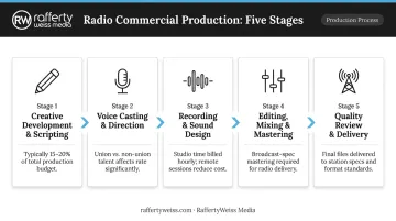 Radio commercial production process five-stage workflow from scripting to delivery
