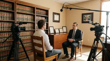 Documentary-style legal interview with attorney and client in office setting