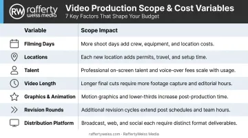 Seven key variables that shape video production scope and cost comparison table