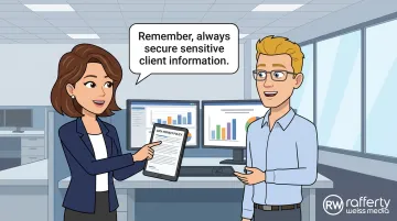 Animated compliance training video scene showing workplace harassment scenario characters