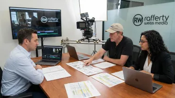 RaffertyWeiss Media production team reviewing video strategy with client in professional setting