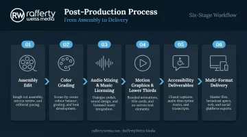 Six-step corporate video post-production process flow from assembly edit to delivery