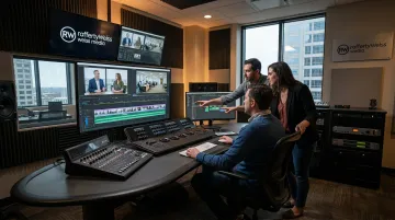 RaffertyWeiss Media corporate video production team working on post-production editing