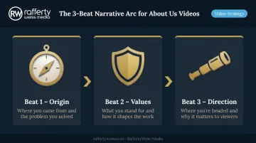 Three-beat About Us video narrative arc from origin to direction infographic