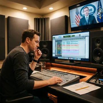 Audio post production engineer editing voiceover in Washington DC studio