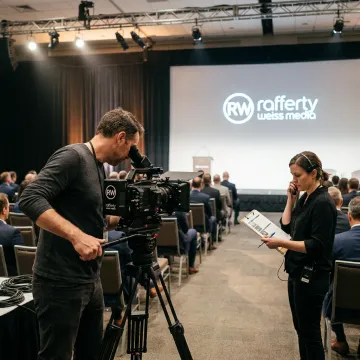Corporate event video crew filming a keynote presentation