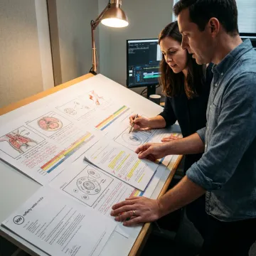 Creative team reviewing medical animation storyboard