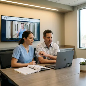 Healthcare staff viewing customer service training video