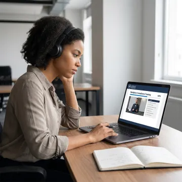 Employee viewing an eLearning compliance training module on a laptop