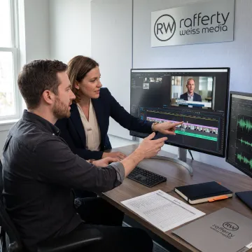 Creative team reviewing a brand video edit