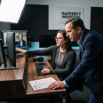 Producer reviewing video footage with client
