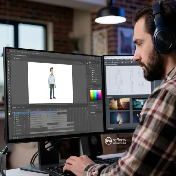 2D animator creating motion graphics on a workstation