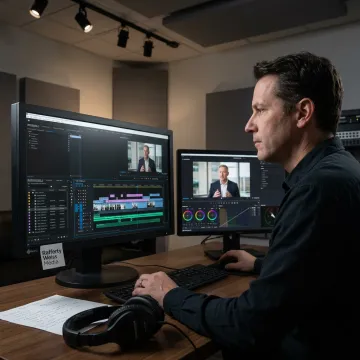 Video editor reviewing corporate testimonial footage