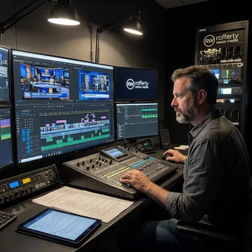 Producer reviewing broadcast video footage during post-production