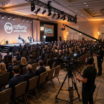 Corporate event video production crew filming keynote speaker