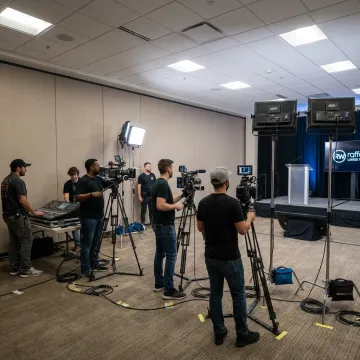 Video production team preparing cameras for a corporate event