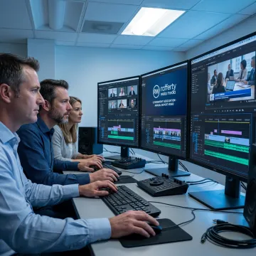 Video production team reviewing corporate event footage