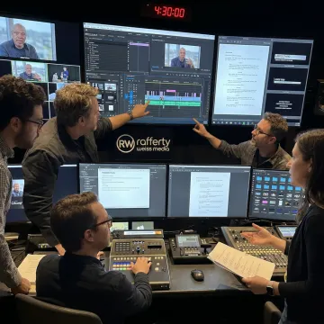 Video producer reviewing footage with an editor