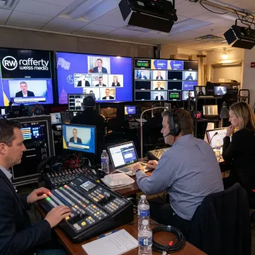 Virtual event production control room with live stream monitors