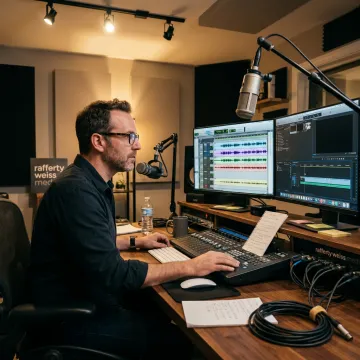 Producer editing podcast audio and video