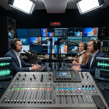 Podcast production team recording in a professional studio