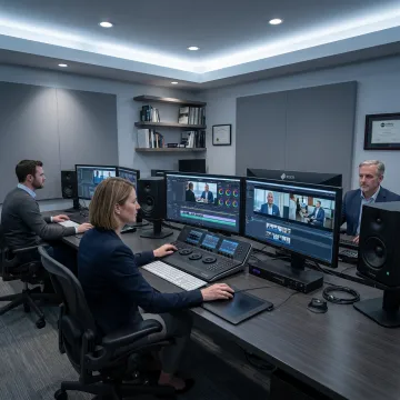Video production team reviewing footage during post-production