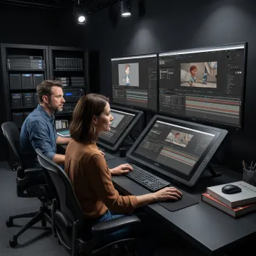 Animated video production team creating motion graphics