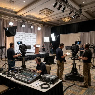 Production crew preparing cameras and audio for a conference