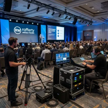 Production crew filming a corporate event presentation
