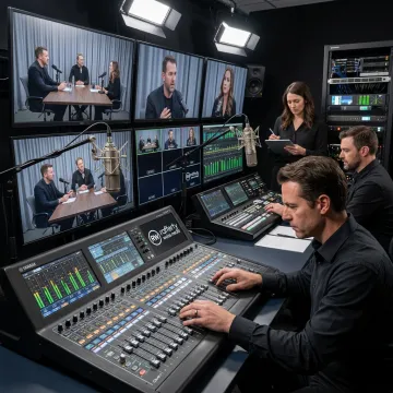 Production crew managing multi-camera podcast recording