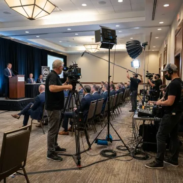 Corporate event photographer and videographer filming a conference