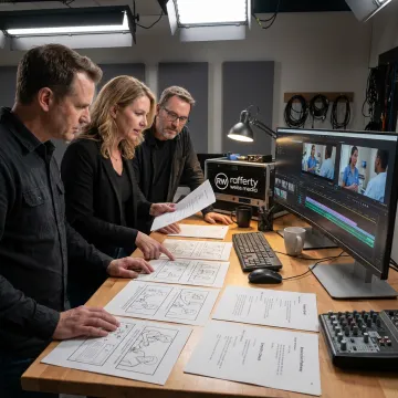 Video producer reviewing healthcare training storyboard