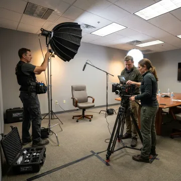 Production crew preparing lights and camera for filming