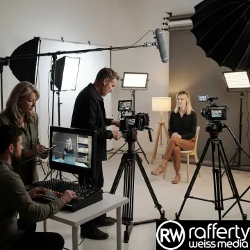 Broadcast video production crew filming in studio