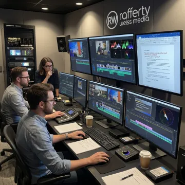 Video production team reviewing footage during post-production