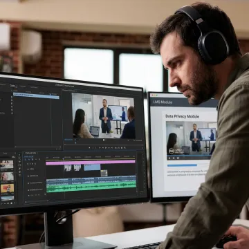 Production team editing an eLearning compliance training video