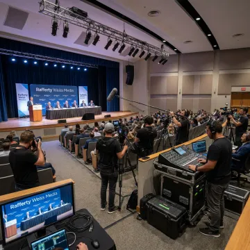 Event production team filming a corporate panel discussion