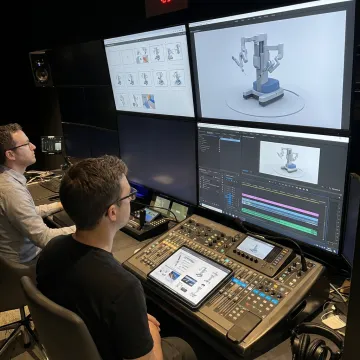 Medical device animation and video production team reviewing product visuals