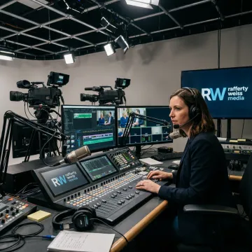 Producer monitoring a podcast recording session