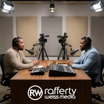Podcast recording studio with microphones and cameras