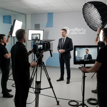 Training video production crew filming a corporate presenter