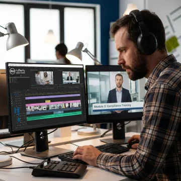 Editor reviewing training video footage in post-production