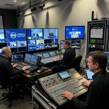 Audiovisual production crew coordinating a corporate event