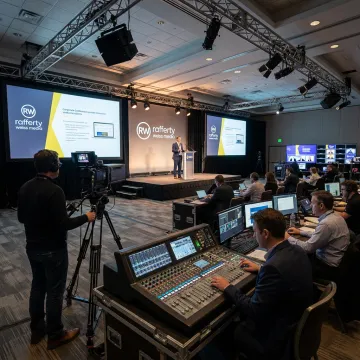 Corporate event audiovisual production team managing a live presentation