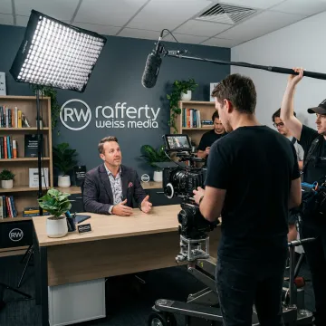 Small business marketing video production crew filming
