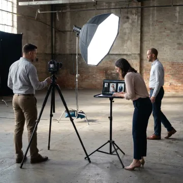 Corporate photography setup with lighting and camera equipment