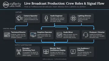 Live broadcast production crew roles and signal flow workflow diagram