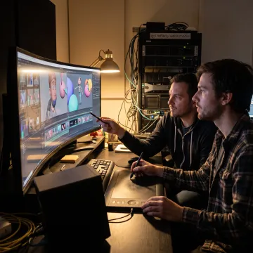 Team reviewing a 3D animation sequence