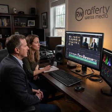 Producer reviewing footage with client